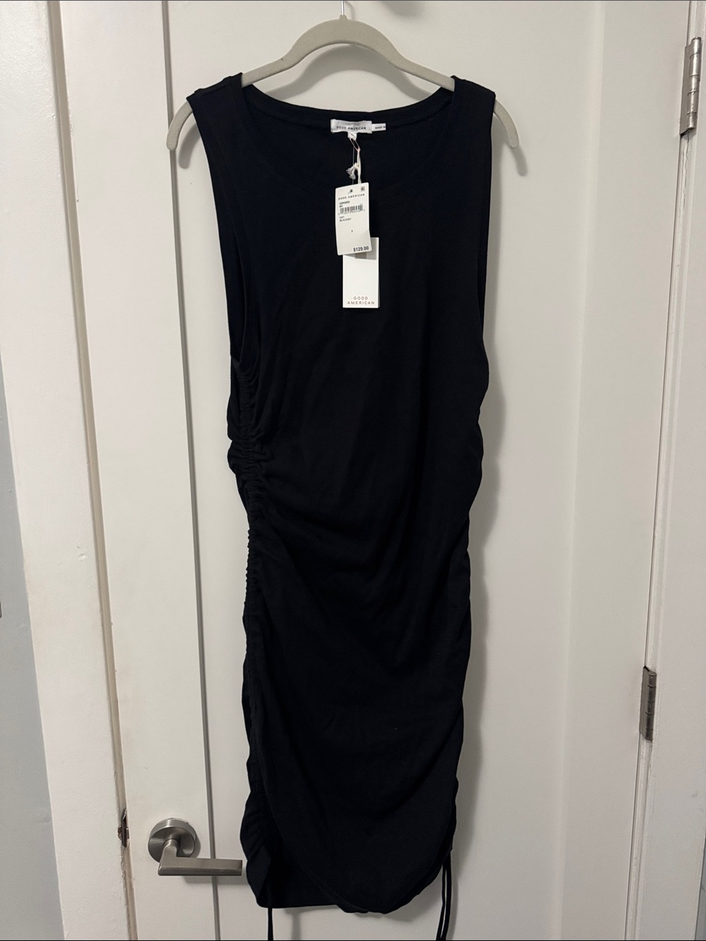 Good American Black Sleeveless Ruched Midi Dress